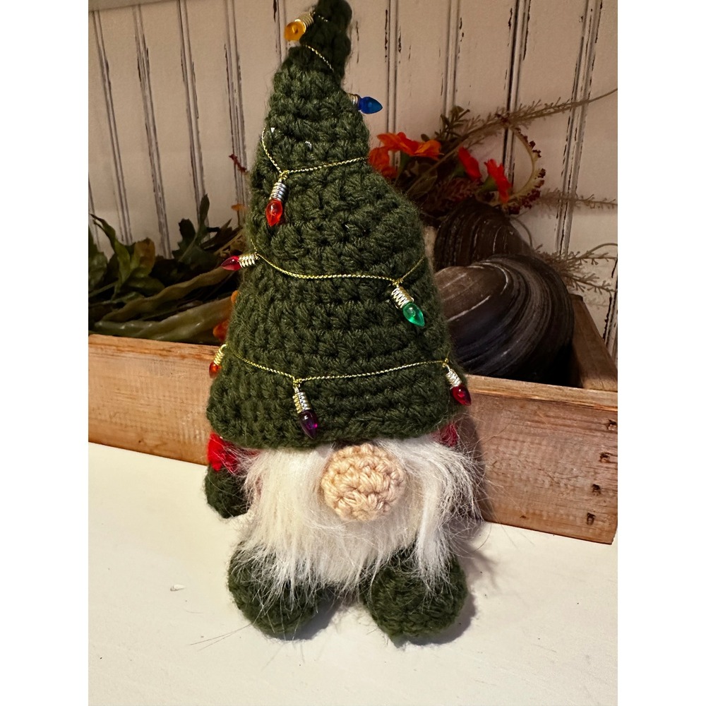 Handmade Crochet Christmas Tree Gnome Plush Holiday Decor Green Red Gold Lighted